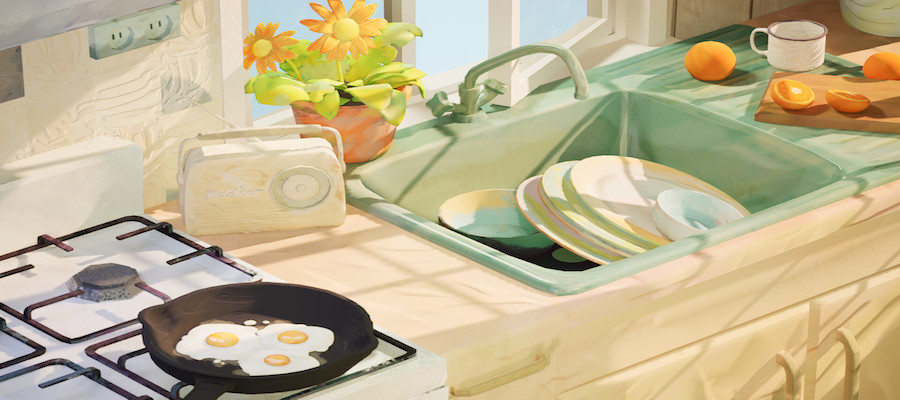 VFX/animation still of a sunlit kitchen